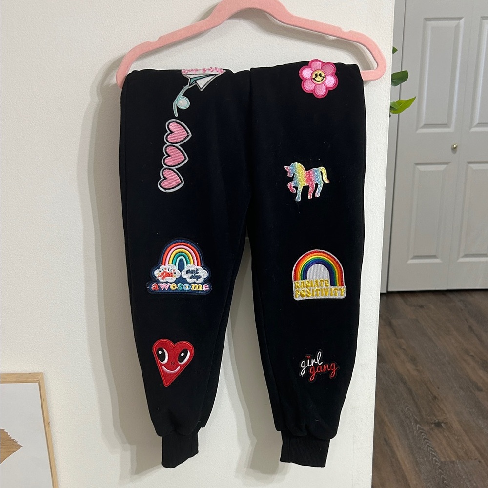 Black Kids Sweatsuit with colorful patches. Very warm. Lola and the boys. Size 6